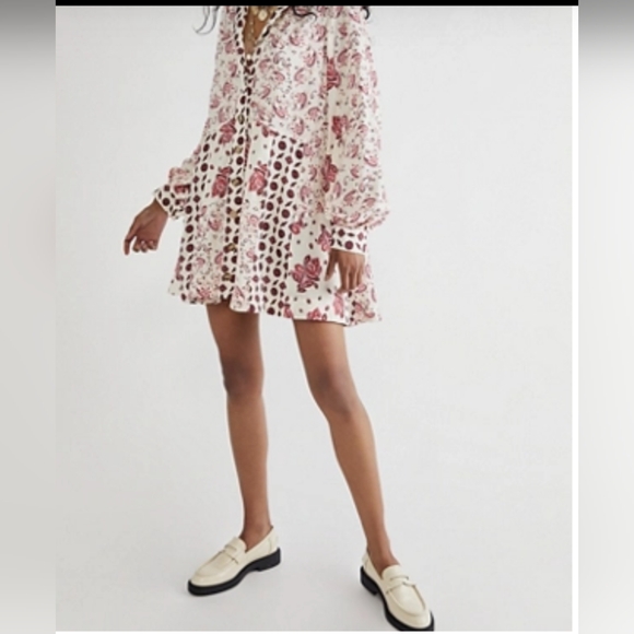 Free People Cream Red Sylvie Mini Dress Long Sleeve Paisley Print S - Picture 5 of 13